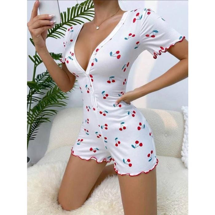 Kadın Göğüs Dekolteli Pinterest Kiraz Desen Full Likralı şort Tulum