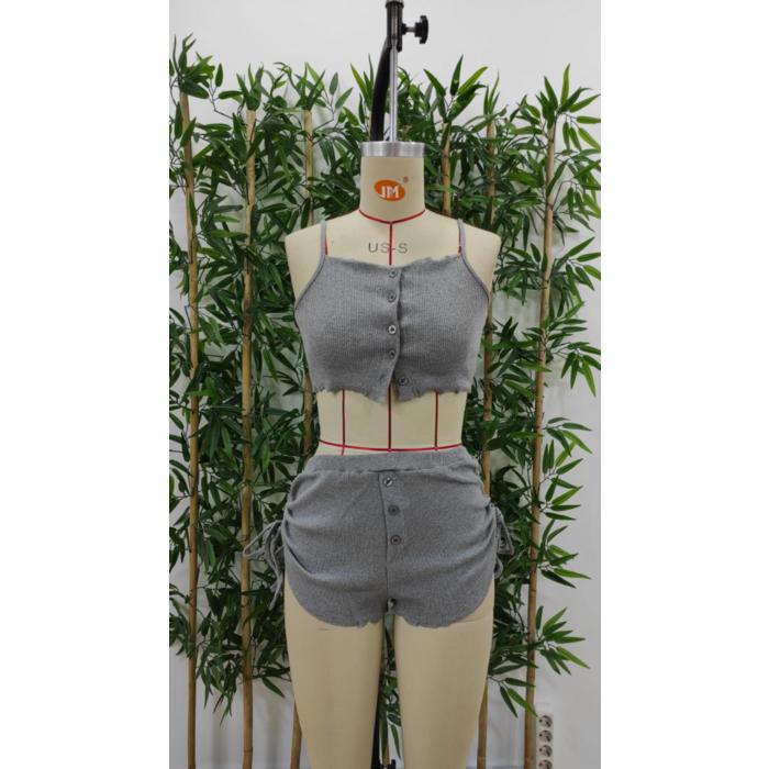 Kadın Ip Askılı Crop Bluz Ve Yanlardan Büzgülü Ikili Kaşkorse Short Takım