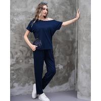 Kadın Kayık Yaka Baskı Detay Salaş Bluz Ve Yüksek Bel Pantolon Ikili Takım