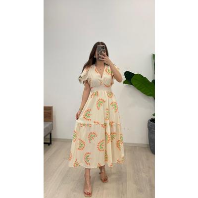 Kadın Keten Kumaş Beli Gipeli V Yaka Maxi Boy Elbise