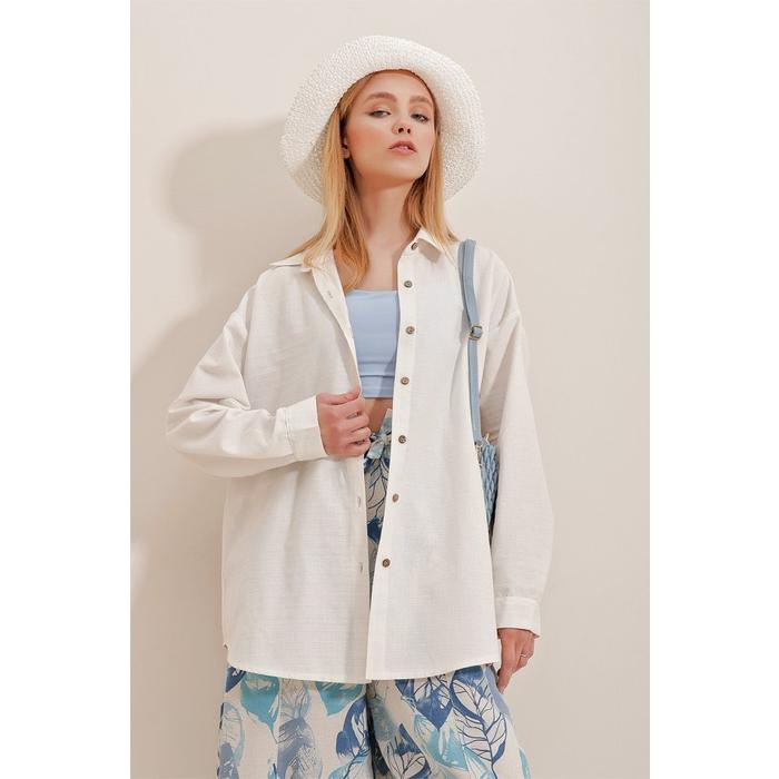Kadın Keten Kumaş Oversize Gömlek