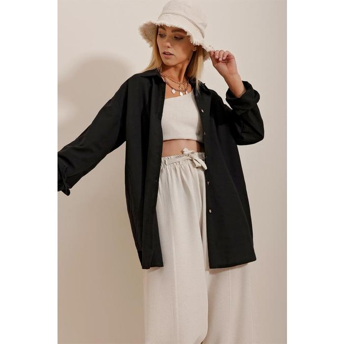 Kadın Keten Kumaş Oversize Gömlek