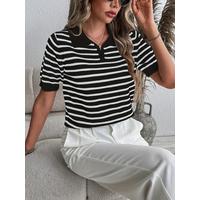 Kadın Kısa Kol Polo Yaka çizgi Desen Triko Bluz