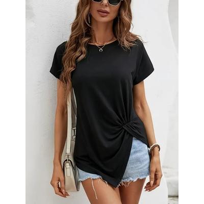 Kadın Kısa Kollu Asimetrik Kesim Bel Büzgü Düğüm Detay Viskon Bluz