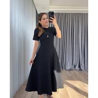 Kadın Kısa Kollu Bisiklet Yaka Maksi Boy Ithal Krep Elbise
