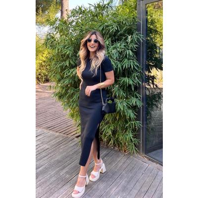Kadın Kısa Kollu Bisiklet Yaka Yırtmaç Detay Fitilli Kaşkorse Tam Boy Elbise