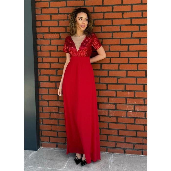 Kadın Kısa Kollu Derin V Yakalı A Kesim Pulpayet Detaylı şifon Nedime Elbisesi