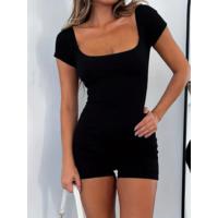 Kadın Kısa Kollu Kare Yaka Mini Bodycon Dalgıç Tulum