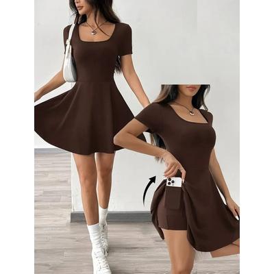 Kadın Kısa Kollu Kare Yaka Short Detaylı Cepli Dalgıç Elbise