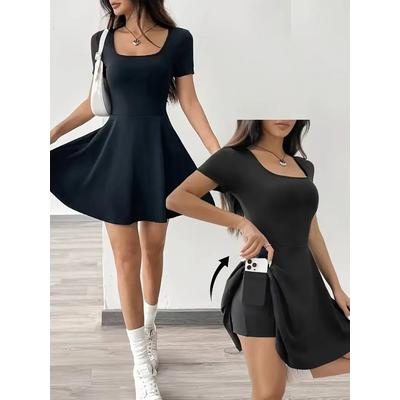 Kadın Kısa Kollu Kare Yaka Short Detaylı Cepli Dalgıç Elbise