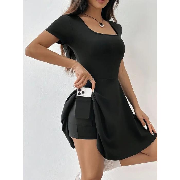 Kadın Kısa Kollu Kare Yaka Short Detaylı Cepli Dalgıç Elbise