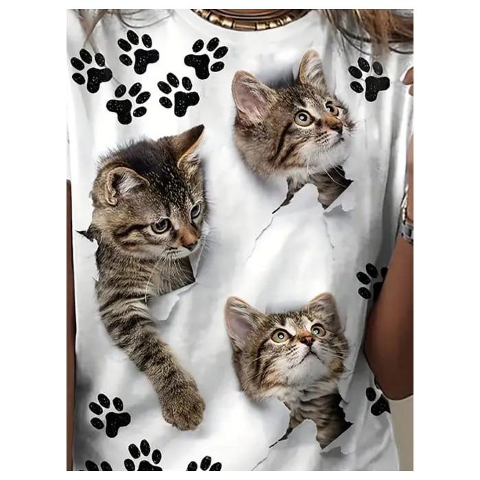 Kadın Kısa Kollu Kedi Ve Pati Baskılı Süprem T-shirt