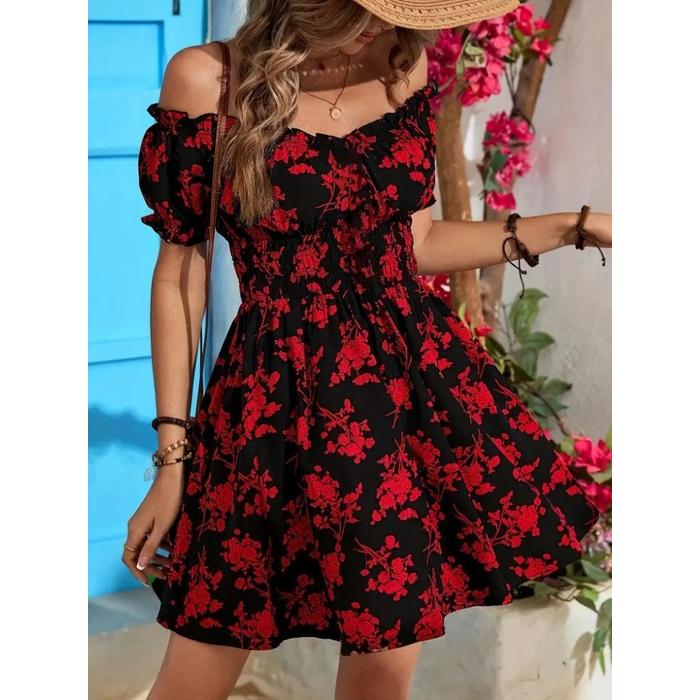 Kadın Kısa Kollu Madonna Yaka Beli Lastikli çiçek Desenli Kısa Süprem Elbise