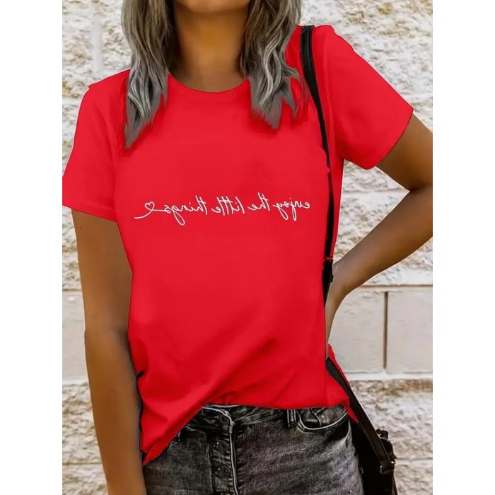 Kadın Kısa Kollu önü Yazı Baskılı Basic Süprem Bluz