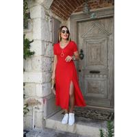 Kadın Kısa Kollu V Yaka Maxi Boy Elbise 124 Cm