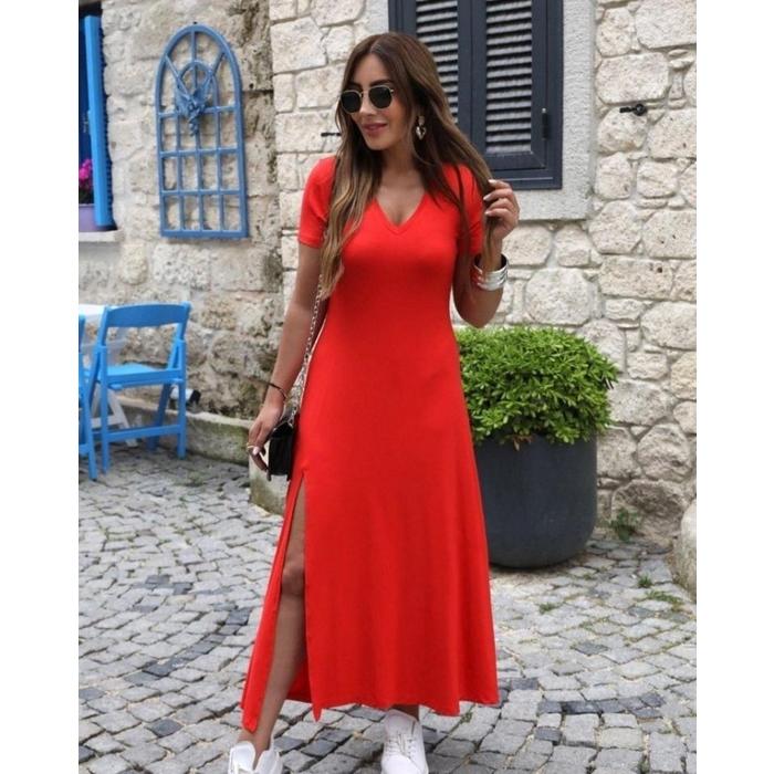 Kadın Kısa Kollu V Yaka Maxi Boy Elbise 124 Cm