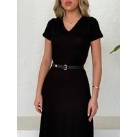 Kadın Kısa Kollu V Yaka Maxi Boy Elbise 124 Cm