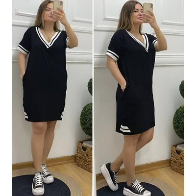 Kadın Kısa Kollu V Yaka Ribana Detaylı Cepli Dizüstü Viskon Elbise