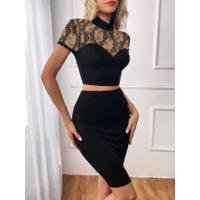 Kadın Kısa Kollu Yarı Balıkçı Yaka Dantelli Straplez Ithal Krep Crop Bluz Ve Etek Ikili Takım
