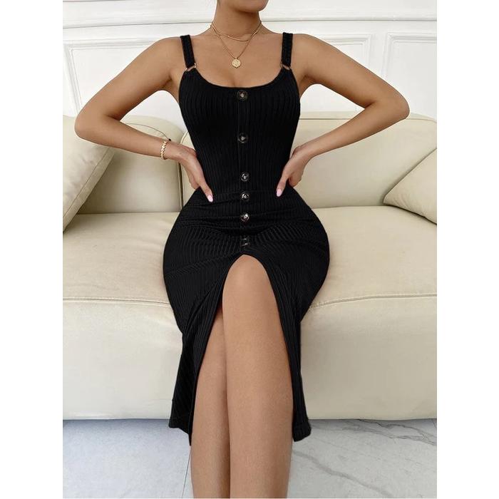 Kadın Kolsuz Askı Halka Detay önü Düğmeli Midi Boy Yırtmaçlı Fitilli Kaşkorse Elbise