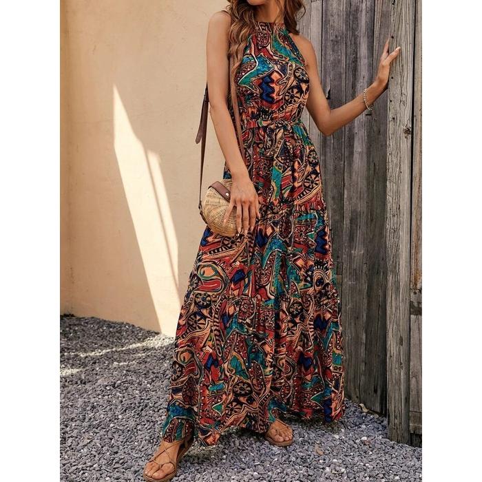 Kadın Kolsuz Halter Yaka Beli Lastikliotantik Desenli Mikro Kumaş Elbise
