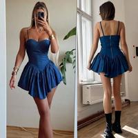 Kadın Kot Kumaş Göğüs Glop Detaylı Sırt Fermuarlı Mini Boy Elbise