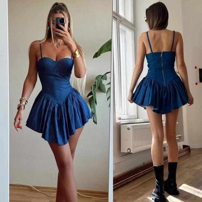 Kadın Kot Kumaş Göğüs Glop Detaylı Sırt Fermuarlı Mini Boy Elbise