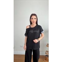 Kadın Kristal Kumaş Omuz Dekolteli Siyah Takım