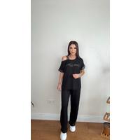 Kadın Kristal Kumaş Omuz Dekolteli Siyah Takım