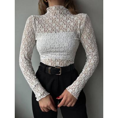 Kadın Likralı Dantel Transparan Uzun Kol Crop Bluz