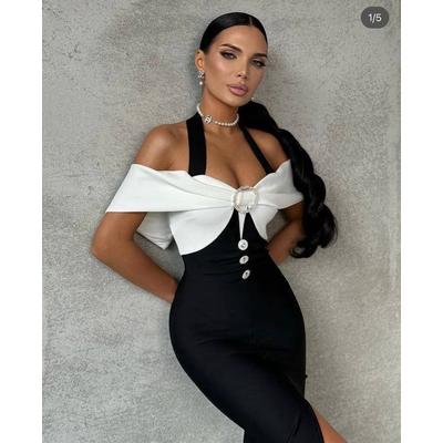 Kadın Madonna Yaka Tasarım Taş Ve Düğme Detay Dalgıç Kumaş Elbise