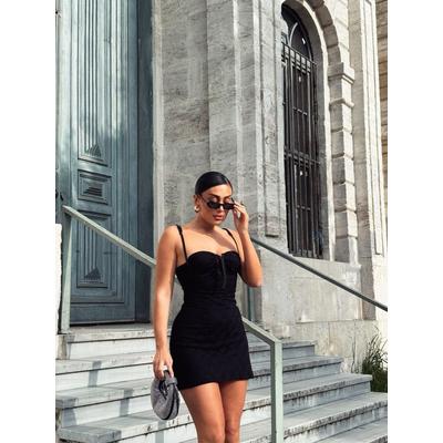 Kadın Omuz Askılı File Kumaş Likralı Mini Elbise