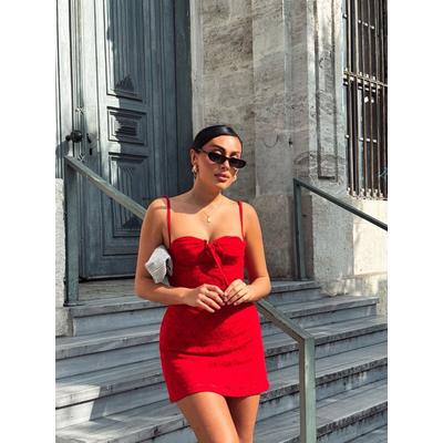 Kadın Omuz Askılı File Kumaş Likralı Mini Elbise