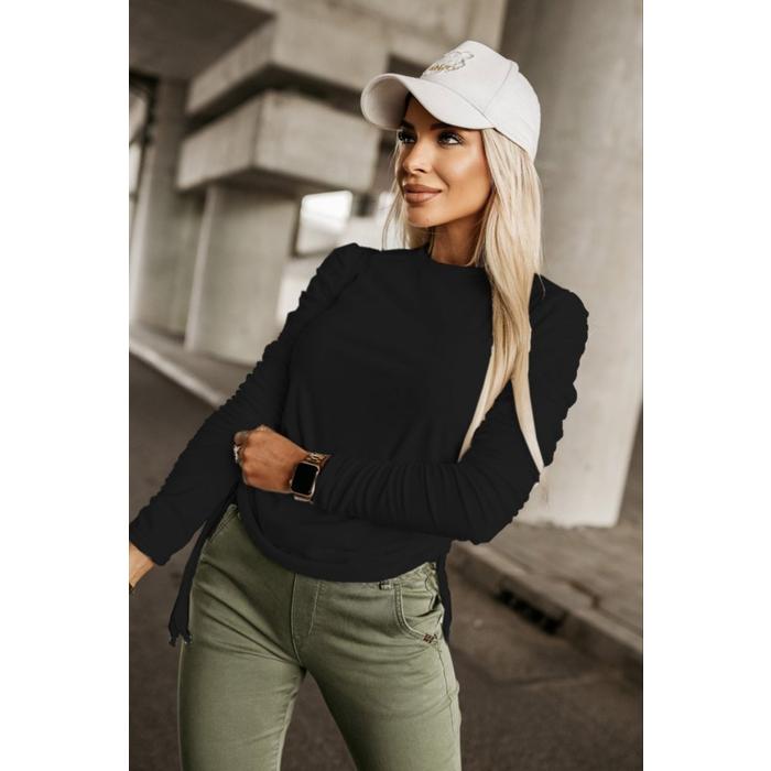 Kadın Uzun Kollu Bisiklet Yaka Yanları Ve Kolları Büzgülü Kadife Bluz