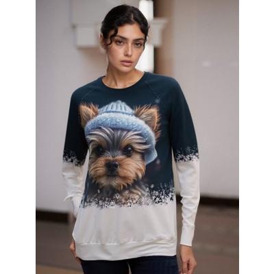 Kadın Uzun Kollu Bisiklet Yaka Köpek Baskılı şardonlu Dalgıç Bluz