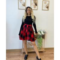 Kadın Uzun Kollu Bisiklet Yaka üst Viskon Alt Ekose Kısa Elbise