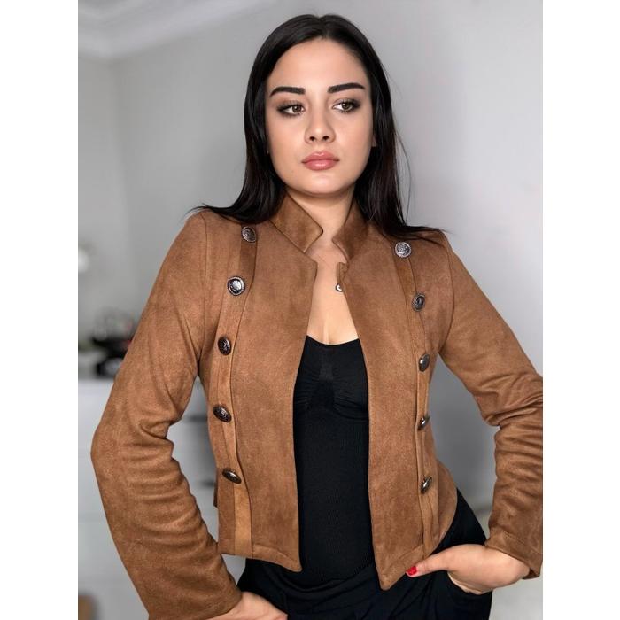 Kadın Uzun Kollu Hakim Yaka Yanlardan Düğmeli Kısa Süet Ceket