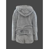 Kadın Uzun Kollu Meow Kedi Nakışlı Kapşonlu Peluş Sweat Ve Short Ikili Takım