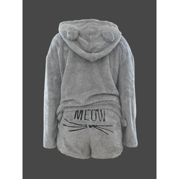 Kadın Uzun Kollu Meow Kedi Nakışlı Kapşonlu Peluş Sweat Ve Short Ikili Takım
