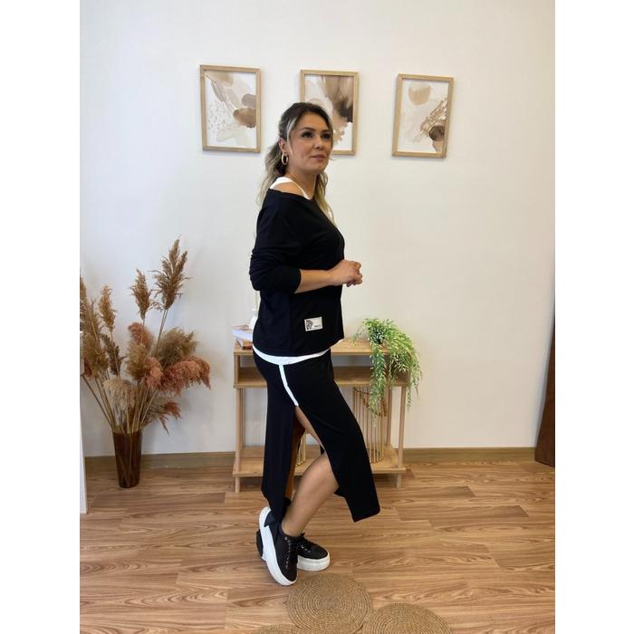 Kadın Uzun Kollu Tek Omuzu Açık Viskon Bluz Içi Atletli Ve Yandan şeritli üçlü Viskon Ikili Takım
