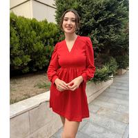 Kadın Uzun Kollu V Yaka Belden Hafif Pileli Scuba Krep Mini Boy Elbise
