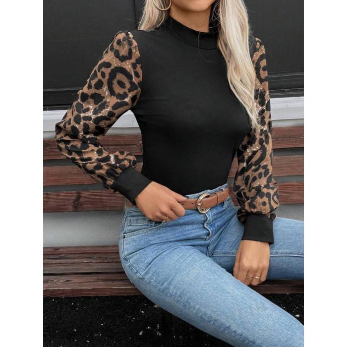 Kadın Uzun Kollu Yarı Balıkçı Yaka Leopar Detaylı Kaşkorse Bluz