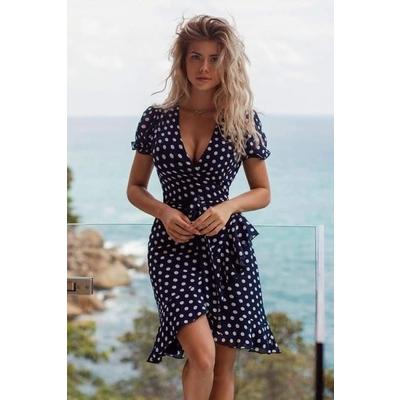 Kadın V Yaka Puantiyeli Detay Bağcık Dahil Diz üstü Elbise