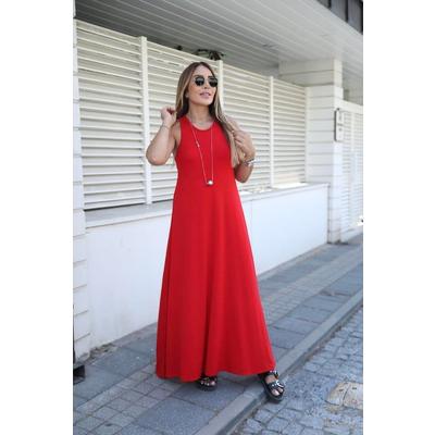 Kadın Viskon Kumaş Halter Yaka Sıfır Kol Maxi Boy Elbise