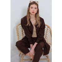 Kahverengi Oversize Keten Alt Üst Takım 6622