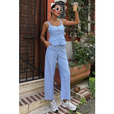 Kalın Askılı Bluz Pantolon Keten Takım 10187