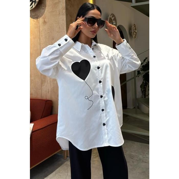 Kalp Nakışlı Ve Düğme Detaylı Oversize Gömlek 3430