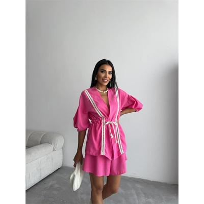 KETEN BEL BÜZGÜLÜ BLUZ-PANTOLON TAKIM - Fuşya