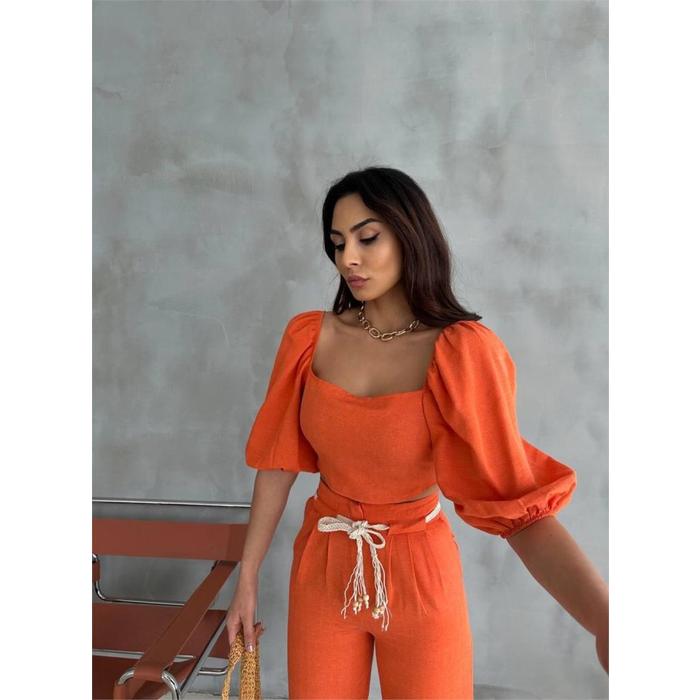 KETEN CROP KARPUZ KOL BLUZ-PANTOLON HASIR KEMERLİ - Orange
