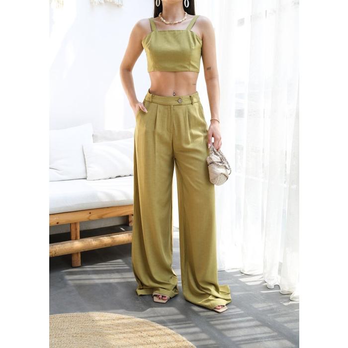 Keten Gi̇peli̇ Crop Ve Pantolon İki̇li̇ Takim